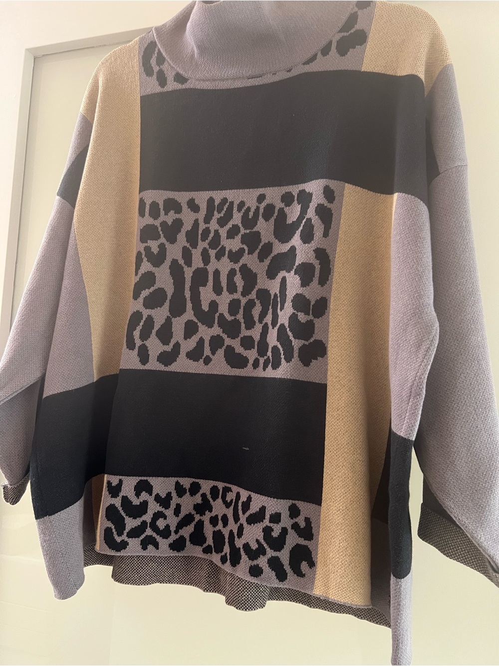 Colorblock Leopard-Print Mock Turtleneck Sweater - Black, Gray & Tan